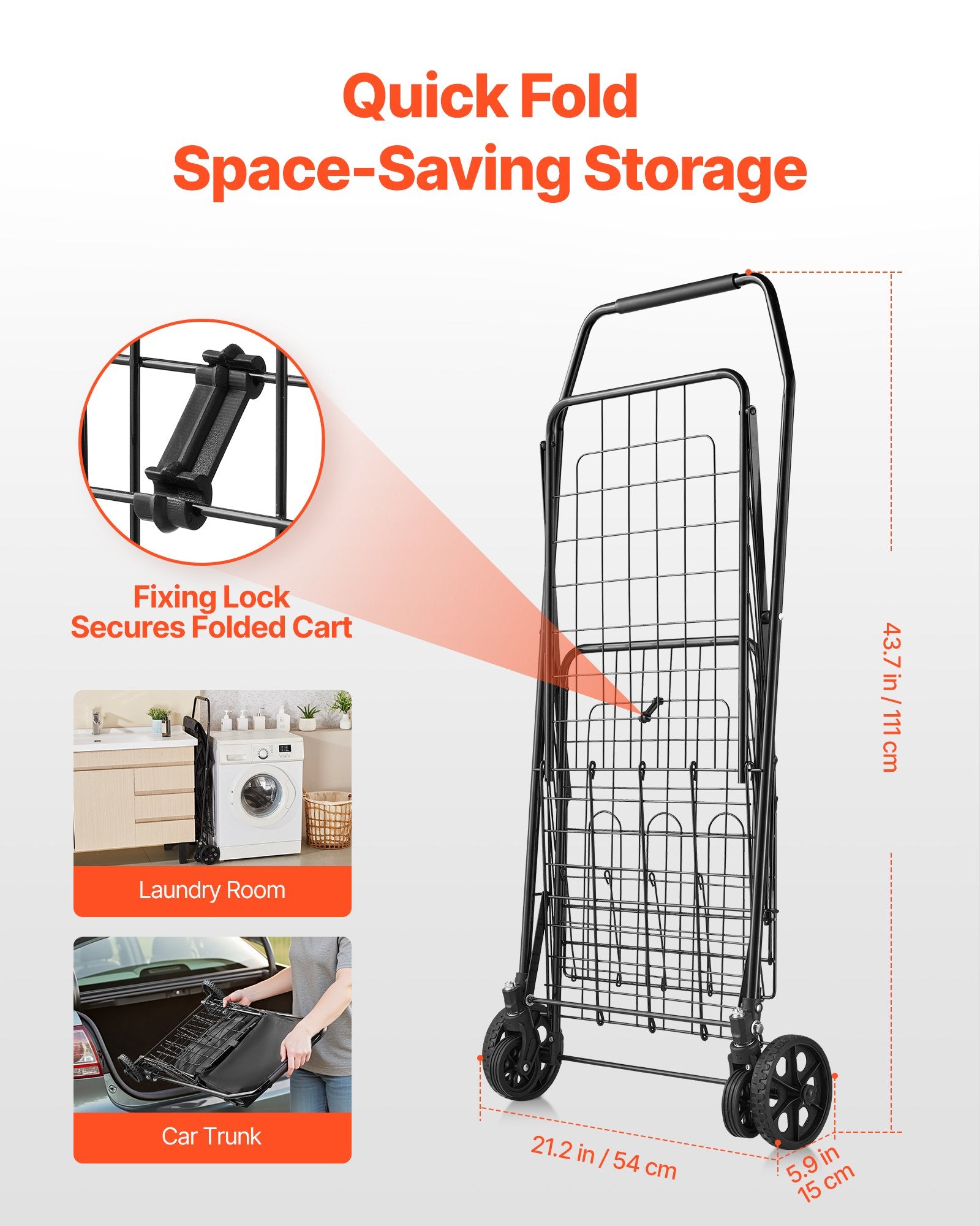Folding Shopping Cart Dual Baskets Waterproof Liner Wheels 45KG Capacity