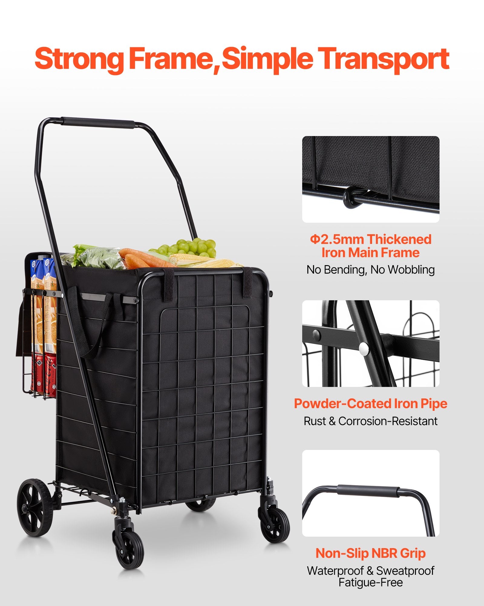 Folding Shopping Cart Dual Baskets Waterproof Liner Wheels 45KG Capacity