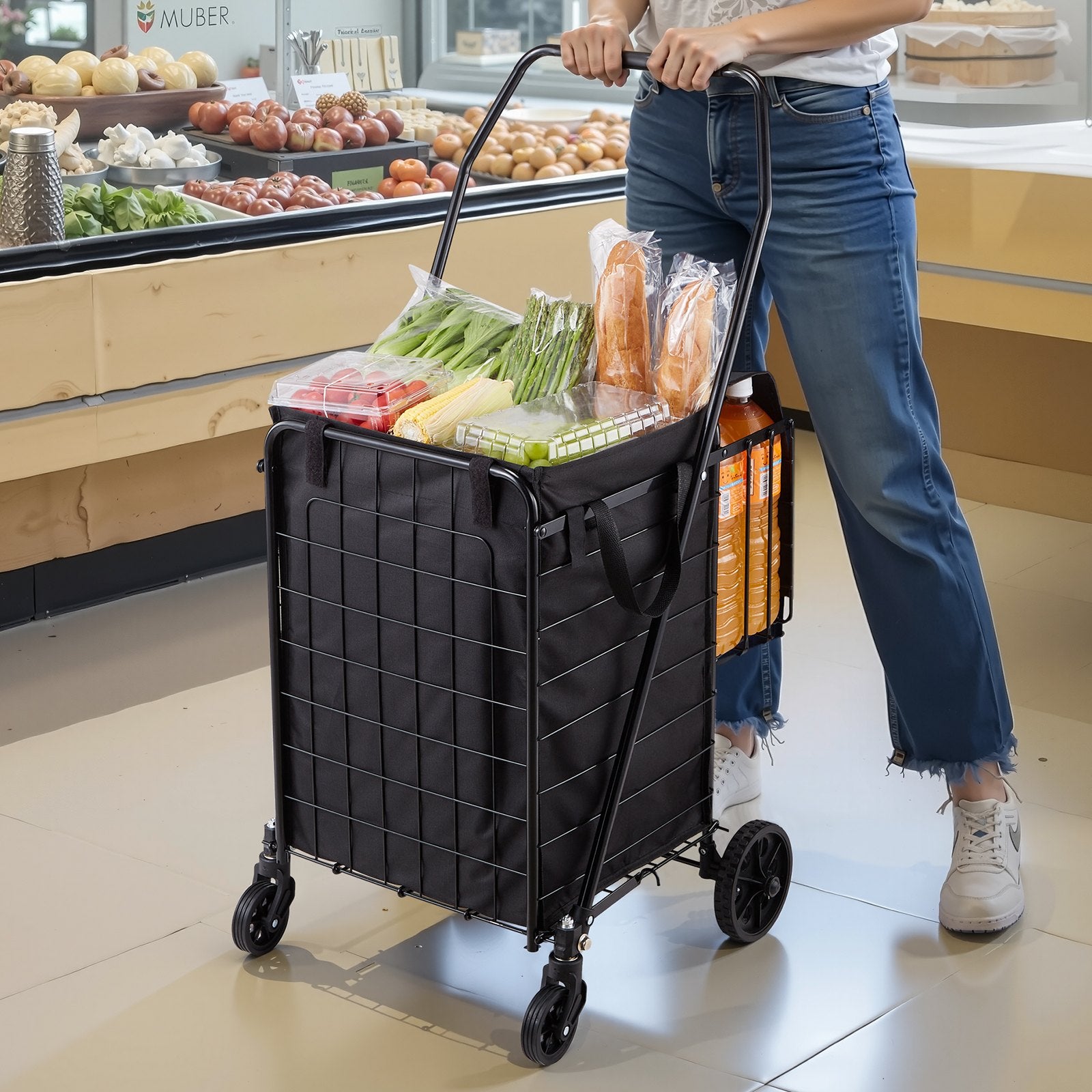 Folding Shopping Cart Dual Baskets Waterproof Liner Wheels 45KG Capacity