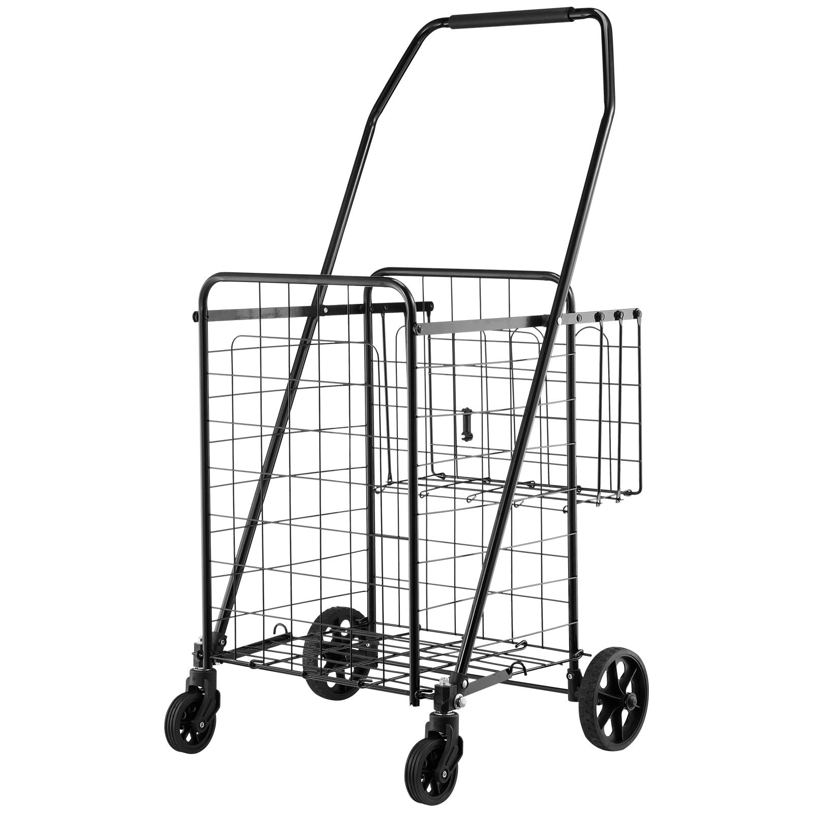 Folding Shopping Cart Dual Baskets Waterproof Liner Wheels 45KG Capacity