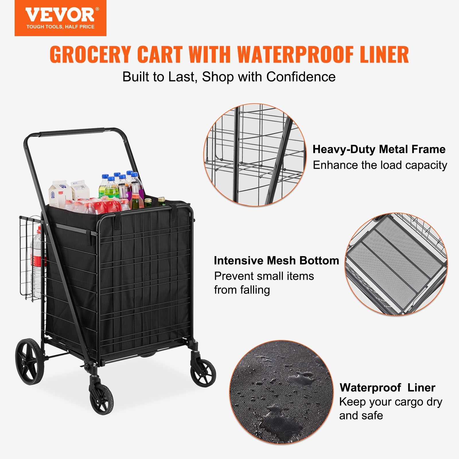 Folding Shopping Cart with Removable Liner 210LBS Large Capacity Dual Basket