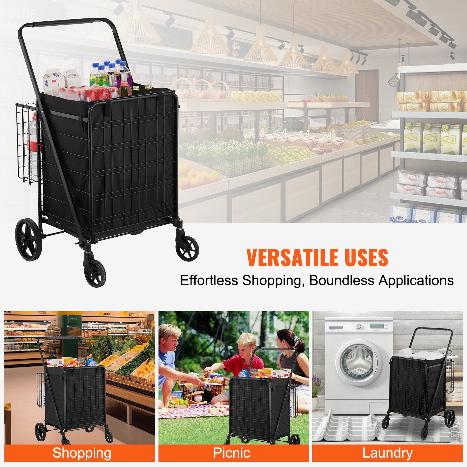 Folding Shopping Cart with Removable Liner 210LBS Large Capacity Dual Basket