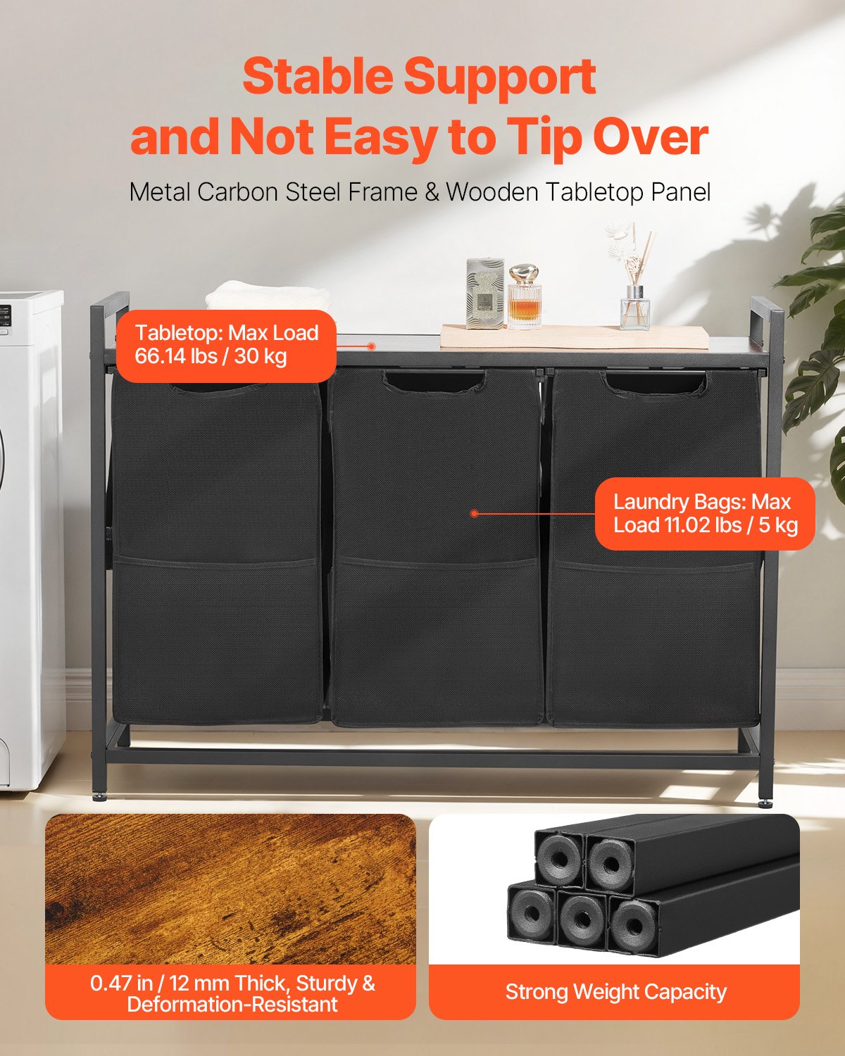 3-Section Laundry Sorter Large Hamper Metal Frame Wooden Tabletop Freestanding