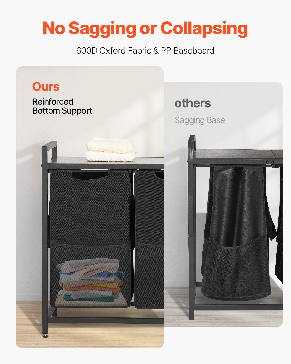 3-Section Laundry Sorter Large Hamper Metal Frame Wooden Tabletop Freestanding