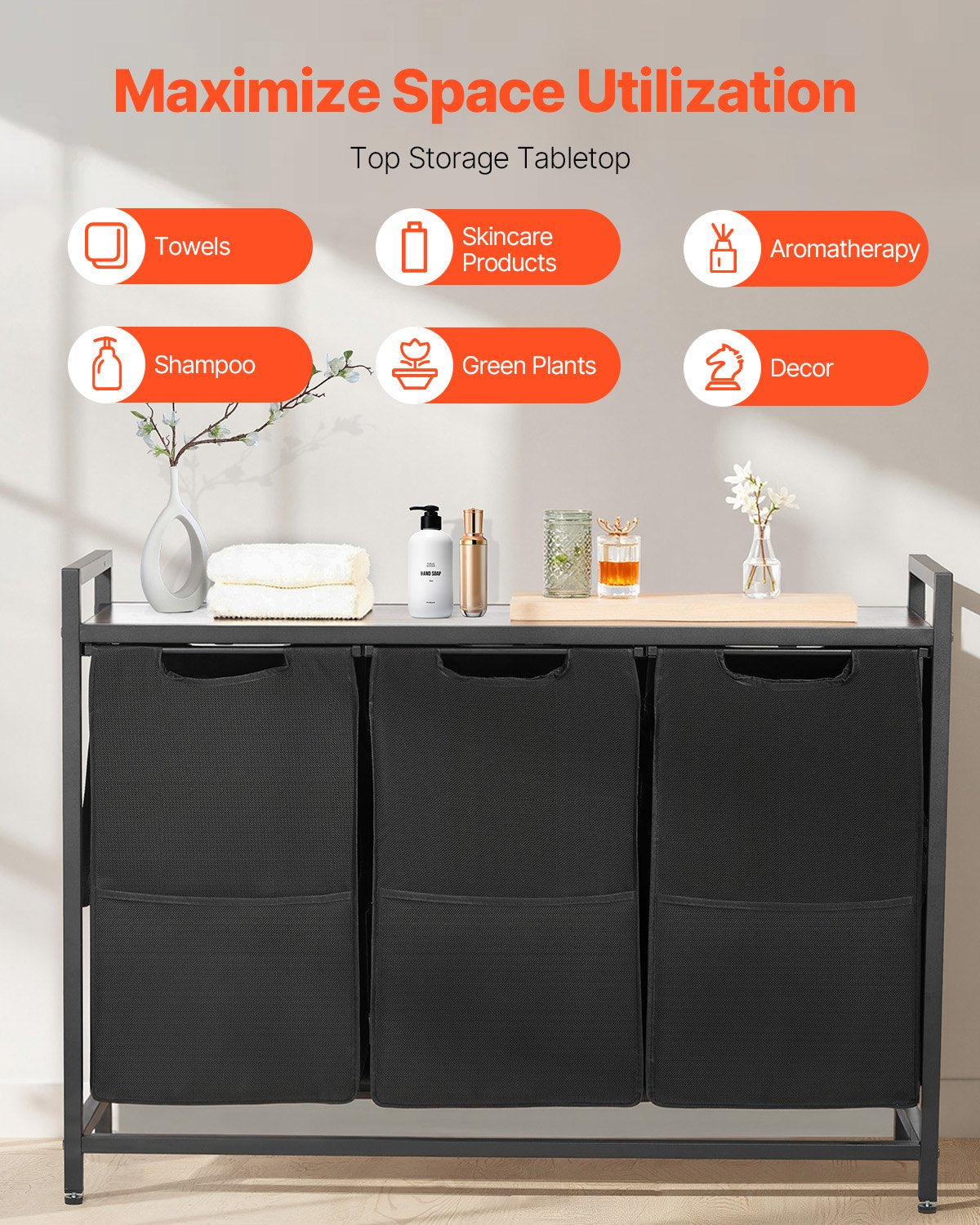 3-Section Laundry Sorter Large Hamper Metal Frame Wooden Tabletop Freestanding