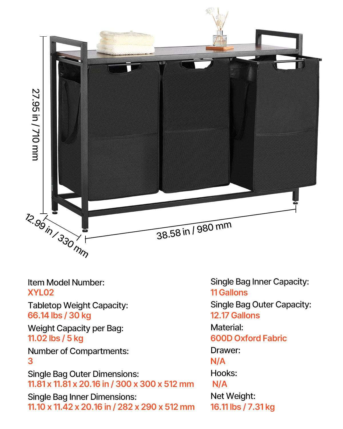 3-Section Laundry Sorter Large Hamper Metal Frame Wooden Tabletop Freestanding