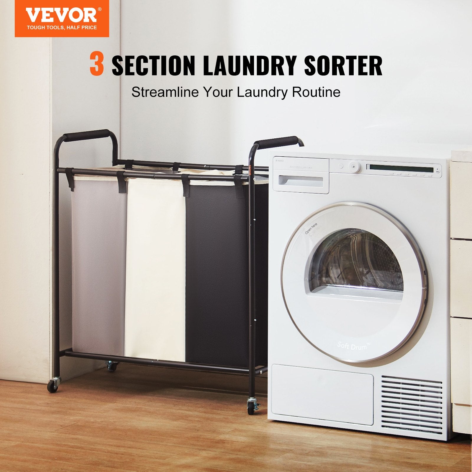 Laundry Basket 3-Section Heavy Duty Hamper Storage Organizer Lockable Wheels