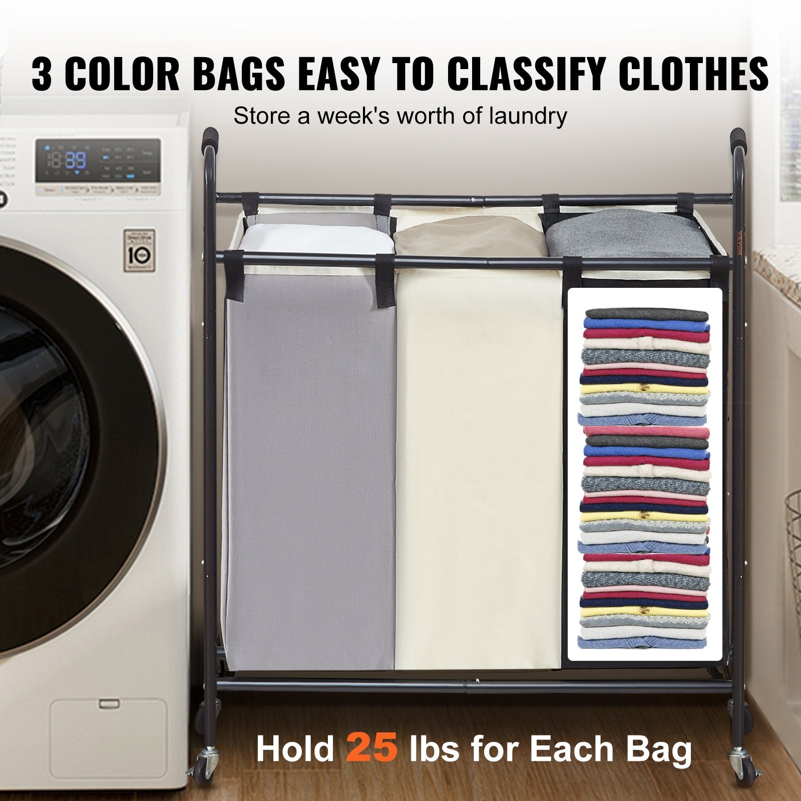 Laundry Basket 3-Section Heavy Duty Hamper Storage Organizer Lockable Wheels