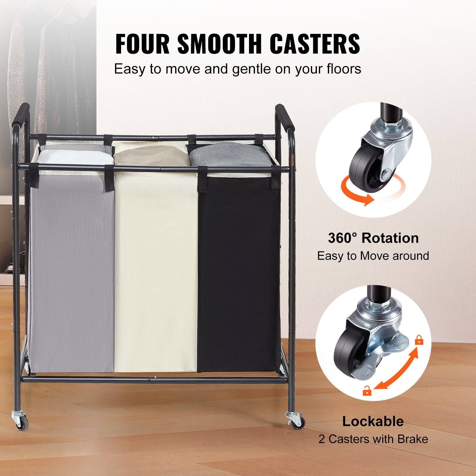 Laundry Basket 3-Section Heavy Duty Hamper Storage Organizer Lockable Wheels