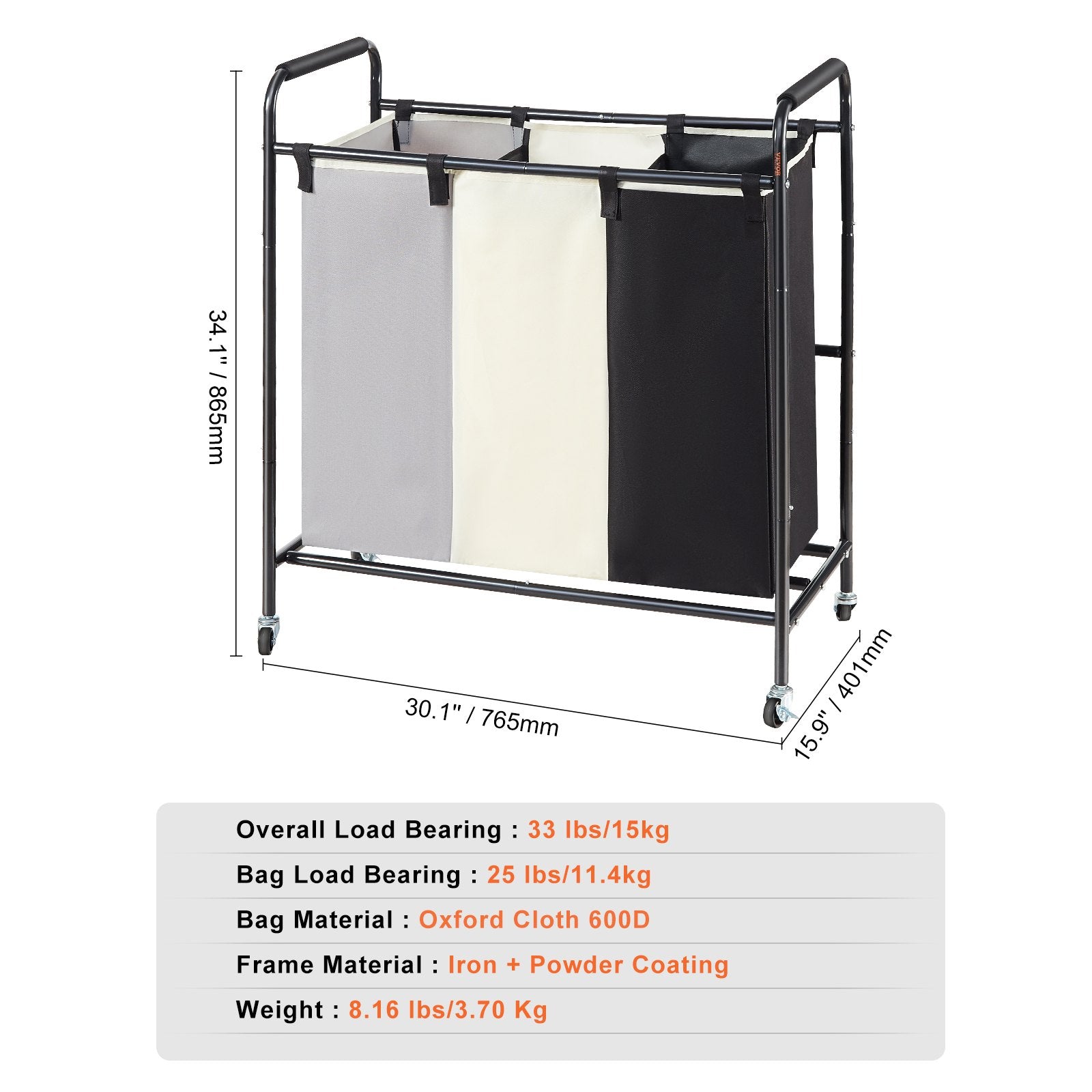 Laundry Basket 3-Section Heavy Duty Hamper Storage Organizer Lockable Wheels