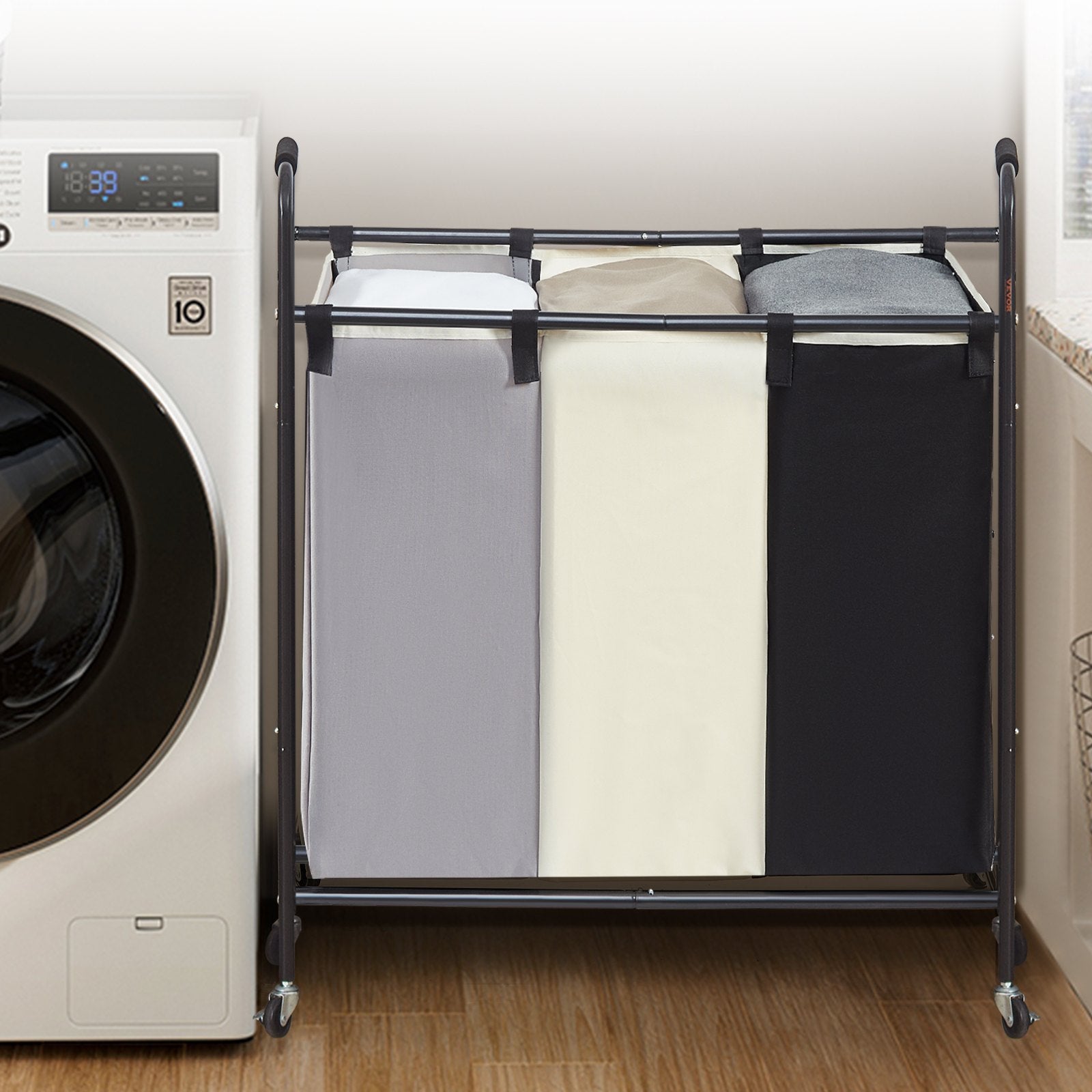 Laundry Basket 3-Section Heavy Duty Hamper Storage Organizer Lockable Wheels