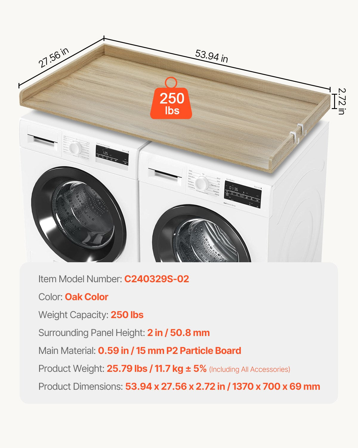 Washer Dryer Countertop 137x70x6.9 cm Water-Resistant Topper Oak