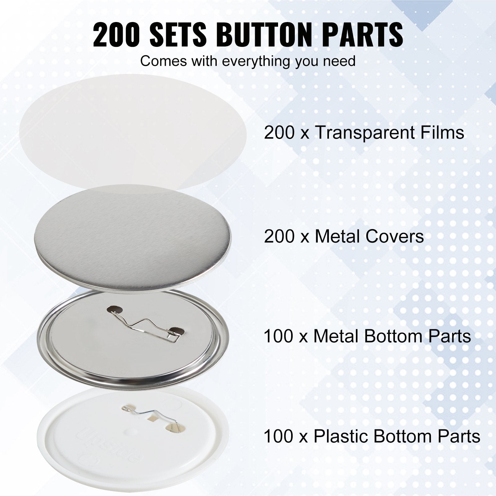 200 Sets 3" 75MM Pin Back Button Parts DIY Badge Parts with Tops Films