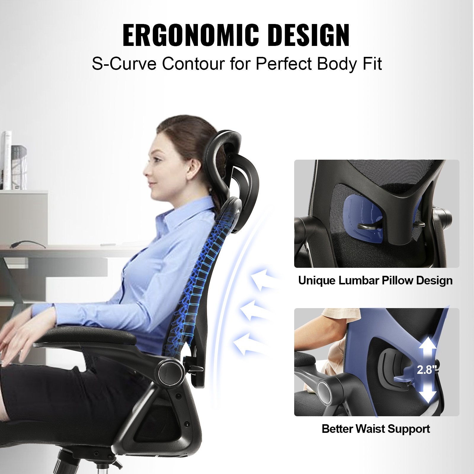 Office Chair Adjustable Lumbar Support High Back Ergonomic 2D Armrest
