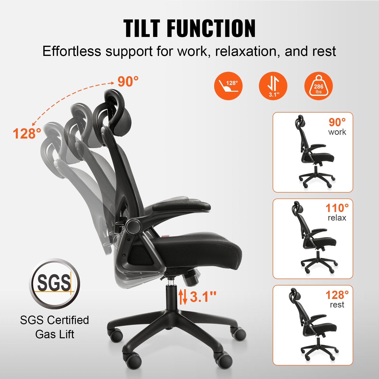 Office Chair Adjustable Lumbar Support High Back Ergonomic 2D Armrest