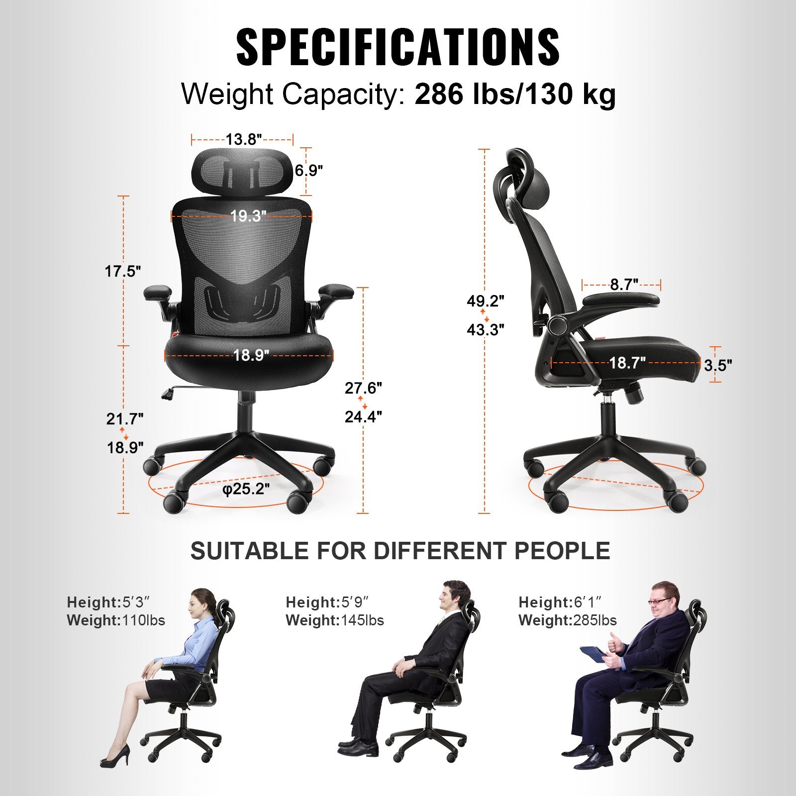 Office Chair Adjustable Lumbar Support High Back Ergonomic 2D Armrest