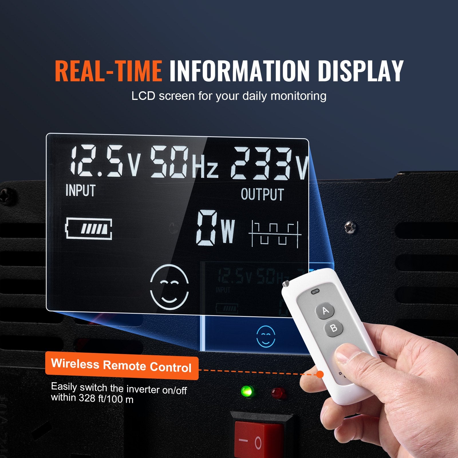 Modified Sine Wave Inverter 5000W DC 12V to AC 230V with LCD, USB, Type-C Remote