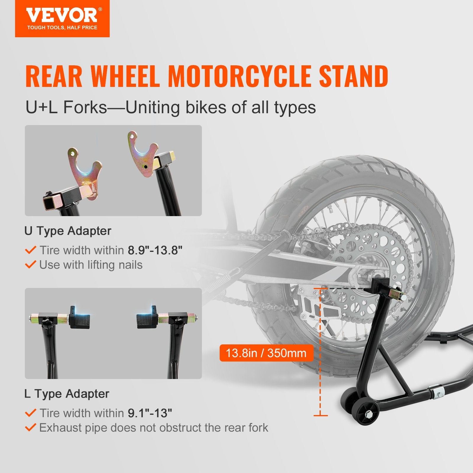Motorcycle Rear Wheel Stand U+L Fork Swingarm 390kg Heavy Duty Lift Jack Black