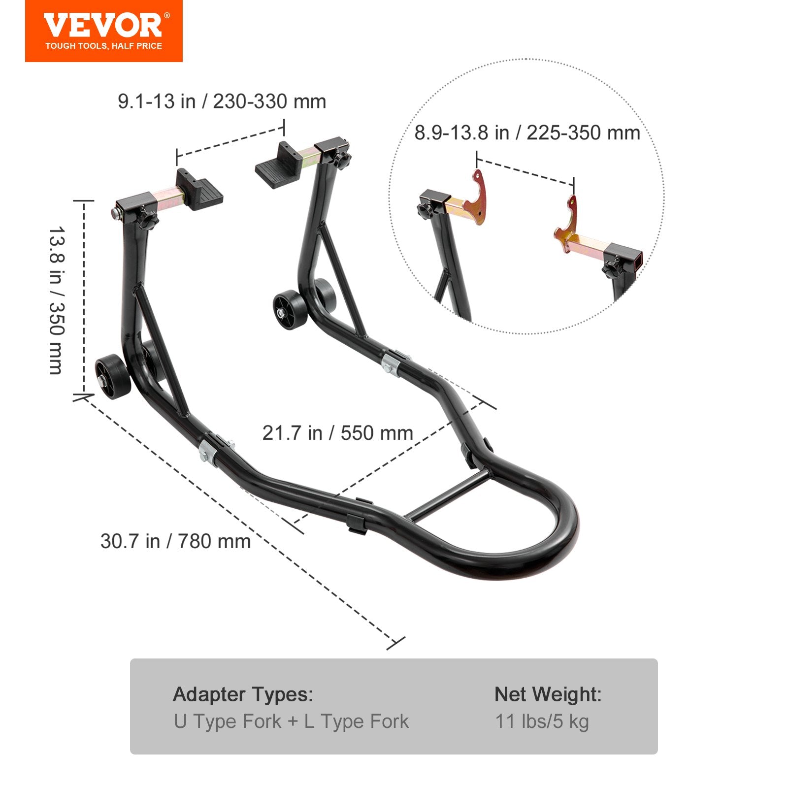 Motorcycle Rear Wheel Stand U+L Fork Swingarm 390kg Heavy Duty Lift Jack Black