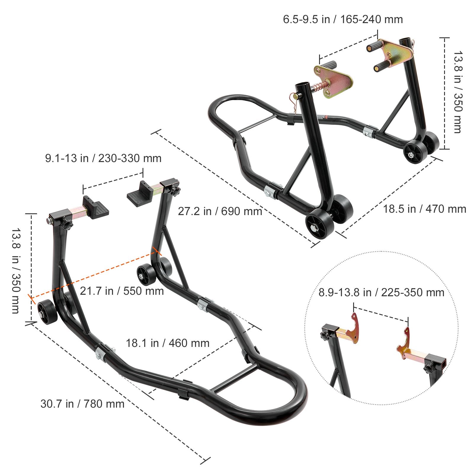 Motorcycle Stand Lift 0.39 Ton Front Rear Combo U+L Fork Swingarm Spool Black