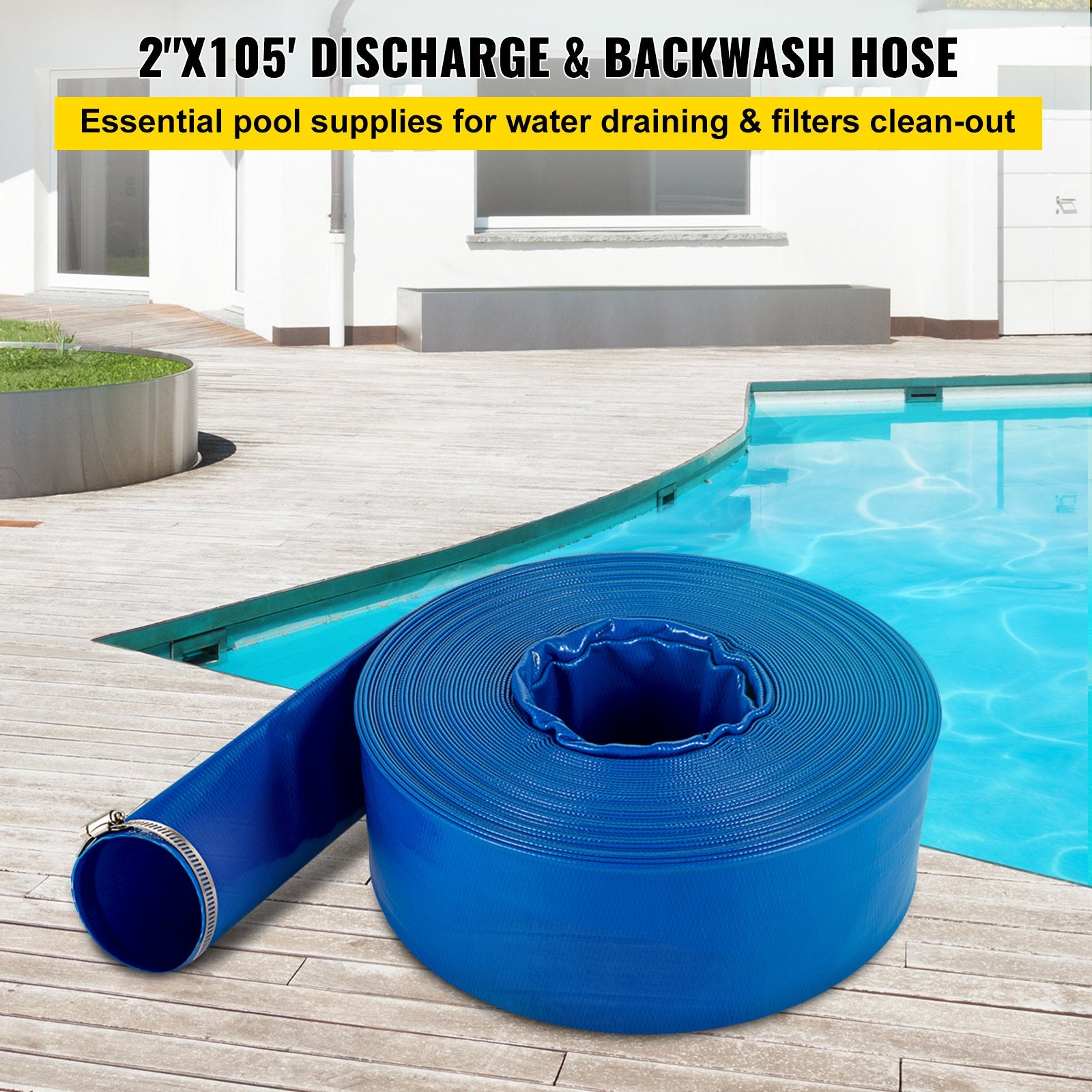 51mm x 32m PVC Lay Flat Discharge Hose Heavy Duty Backwash Drain Hose Blue