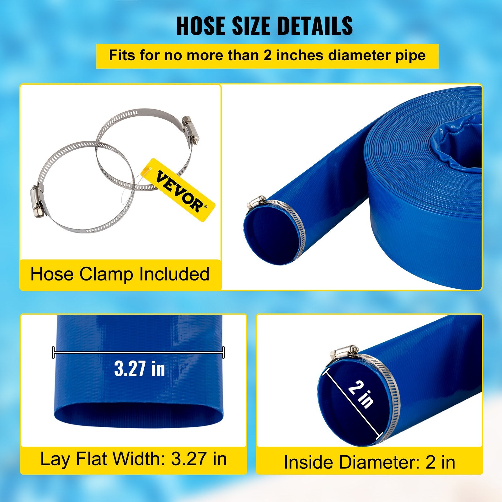 51mm x 32m PVC Lay Flat Discharge Hose Heavy Duty Backwash Drain Hose Blue