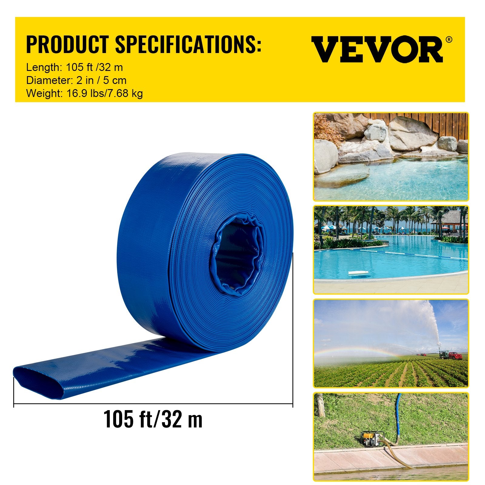 51mm x 32m PVC Lay Flat Discharge Hose Heavy Duty Backwash Drain Hose Blue