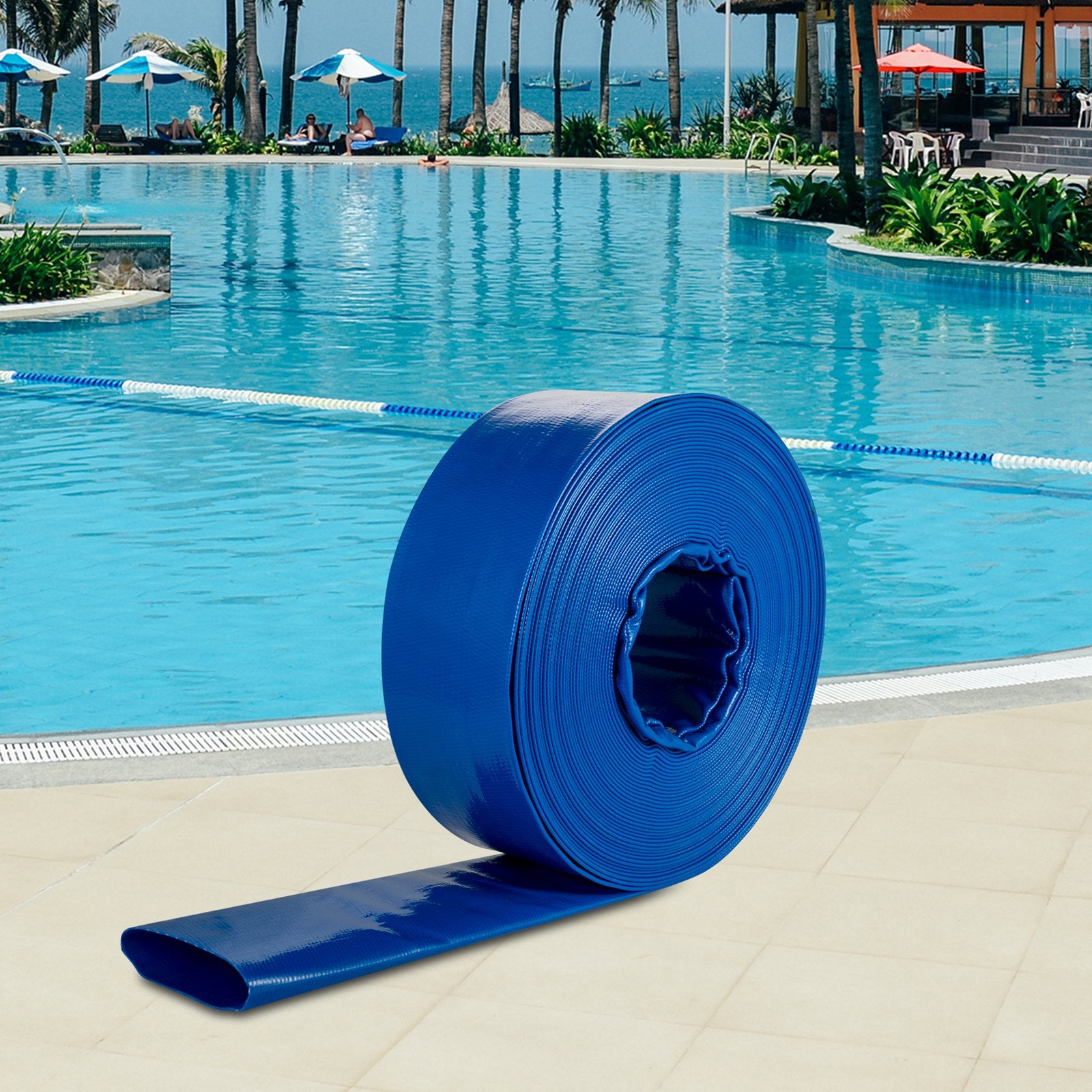 51mm x 32m PVC Lay Flat Discharge Hose Heavy Duty Backwash Drain Hose Blue