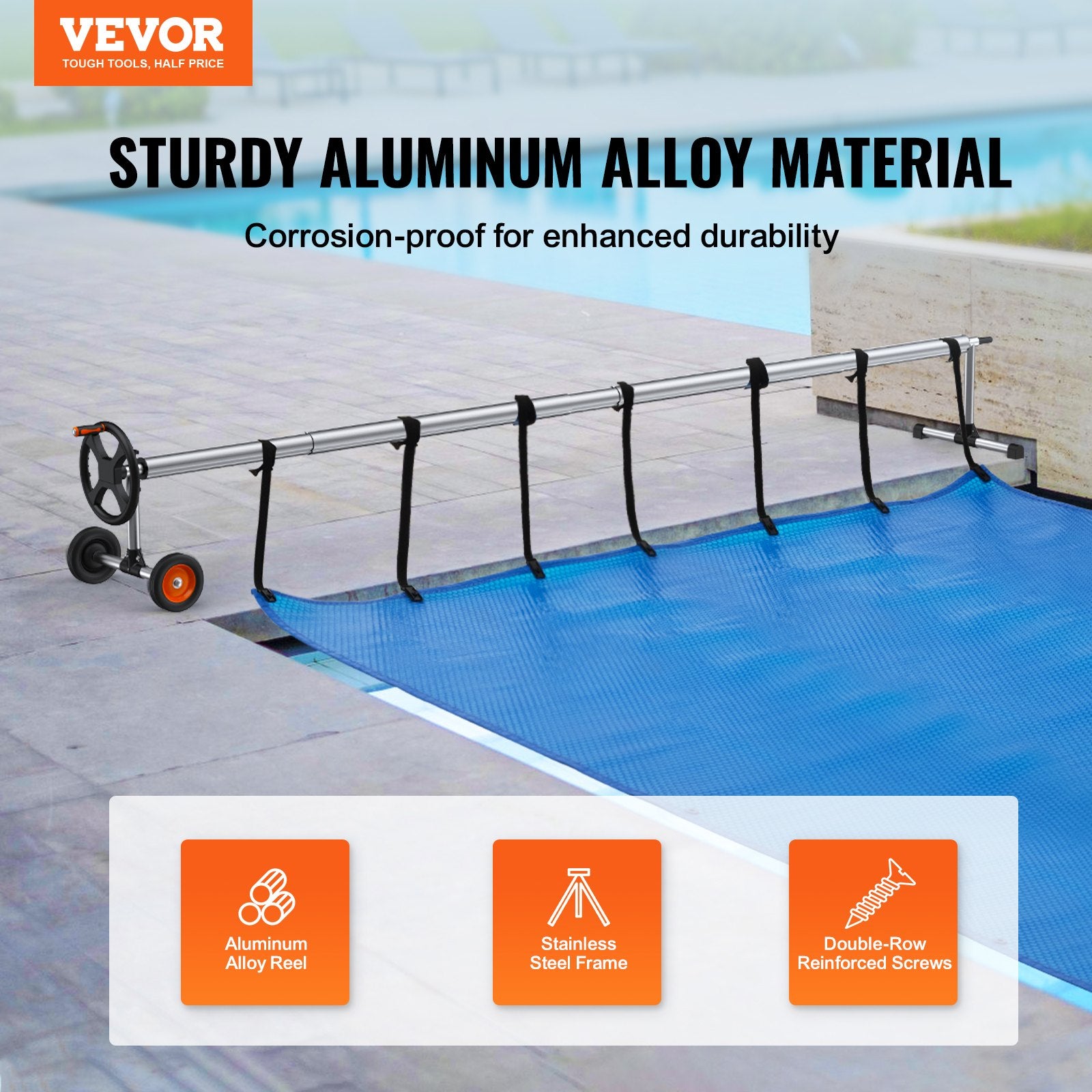 Pool Cover Reel Aluminum Solar 22ft with Rubber Wheels and Sandbags for Pools