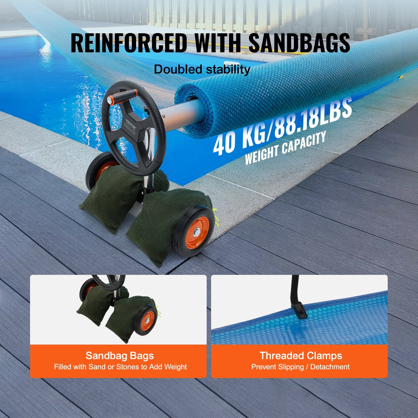 Pool Cover Reel Aluminum Solar 22ft with Rubber Wheels and Sandbags for Pools