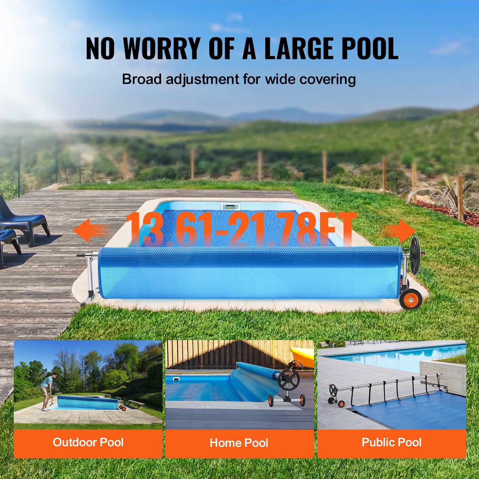 Pool Cover Reel Aluminum Solar 22ft with Rubber Wheels and Sandbags for Pools