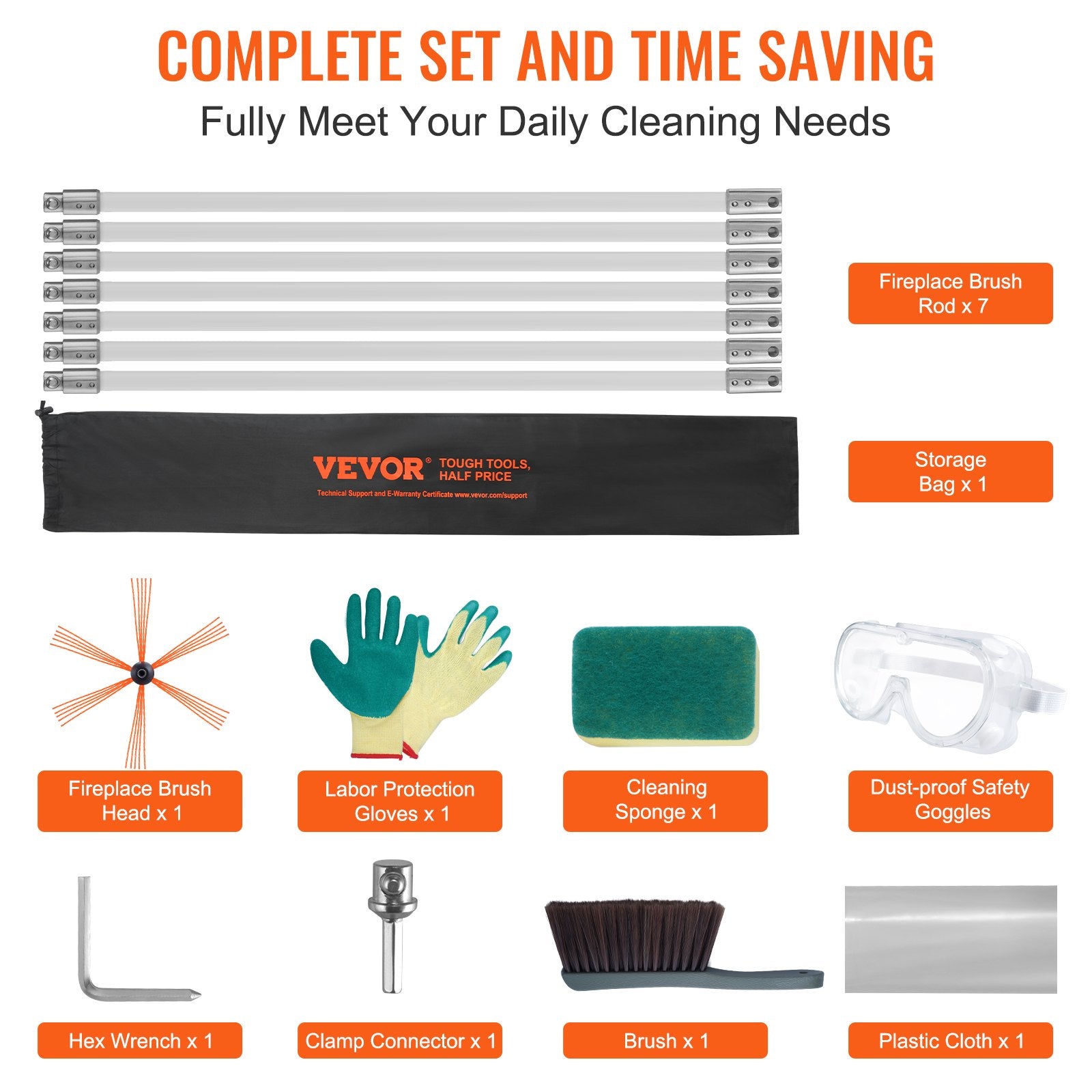 Chimney Sweep Kit 7m 7 Reinforced Nylon Flexible Rods 360° Cleaning Brush