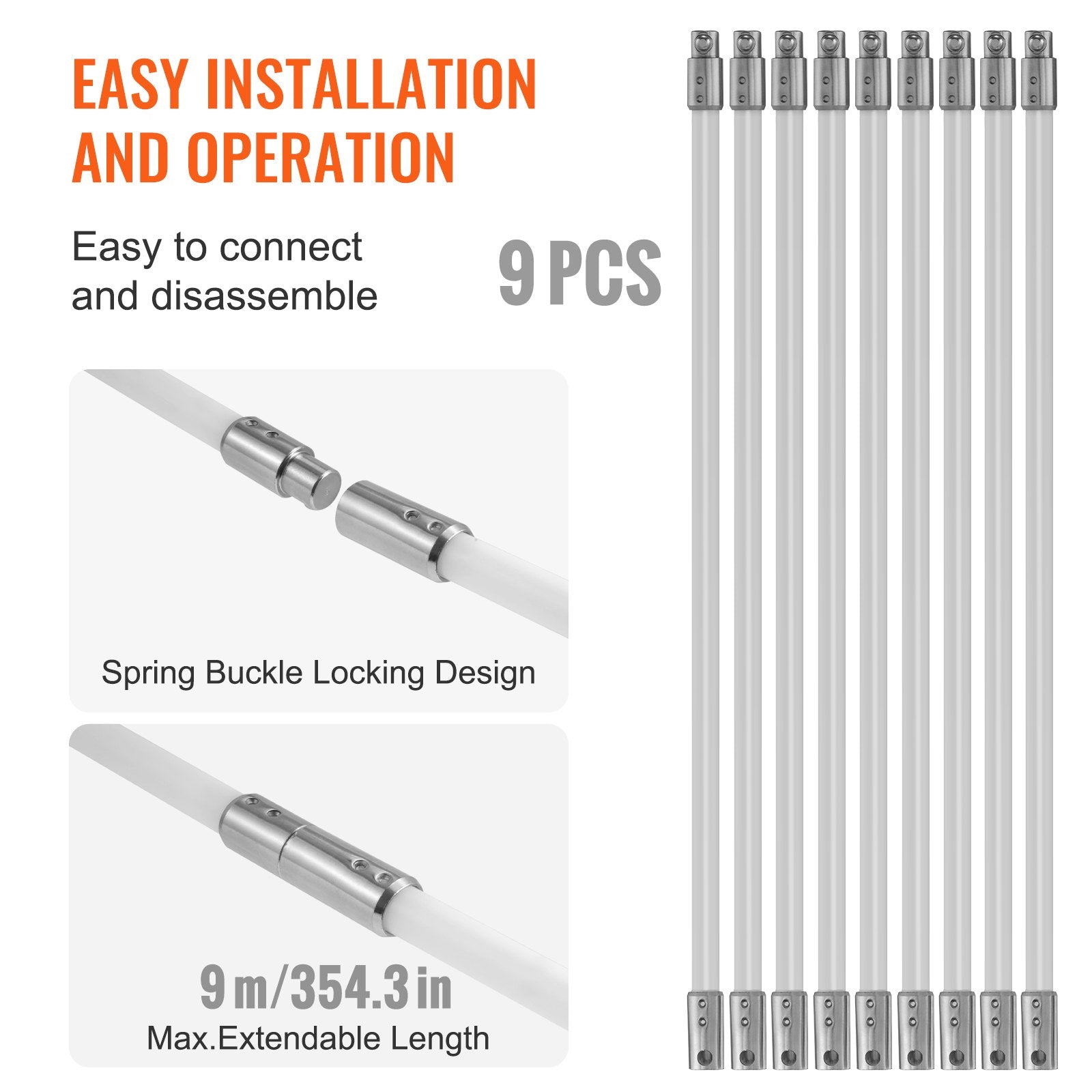 Chimney Sweep Kit 9m 9 Reinforced Nylon Flexible Rods 360° Cleaning Brush