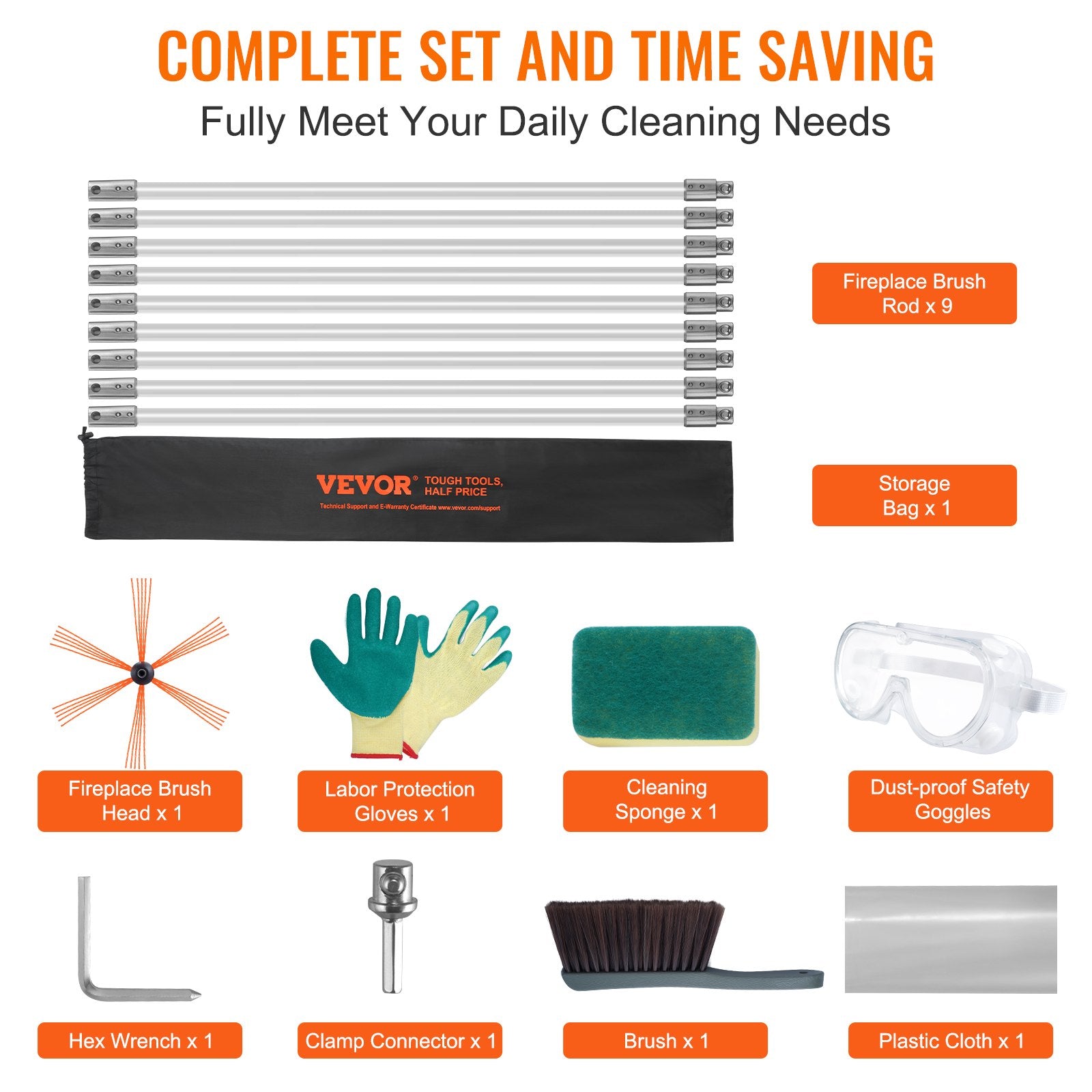 Chimney Sweep Kit 9m 9 Reinforced Nylon Flexible Rods 360° Cleaning Brush
