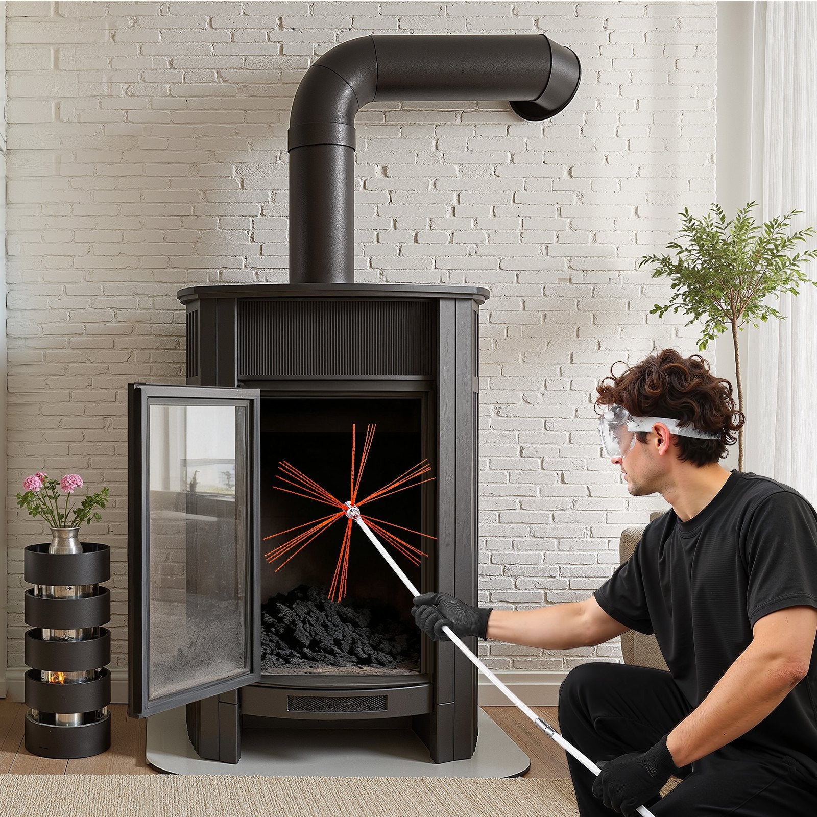 Chimney Sweep Kit 7m Extendable Bristle Replacements Goggles 90° Bendable
