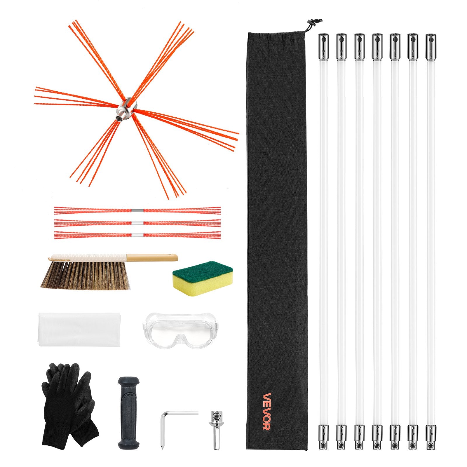 Chimney Sweep Kit 7m Extendable Bristle Replacements Goggles 90° Bendable