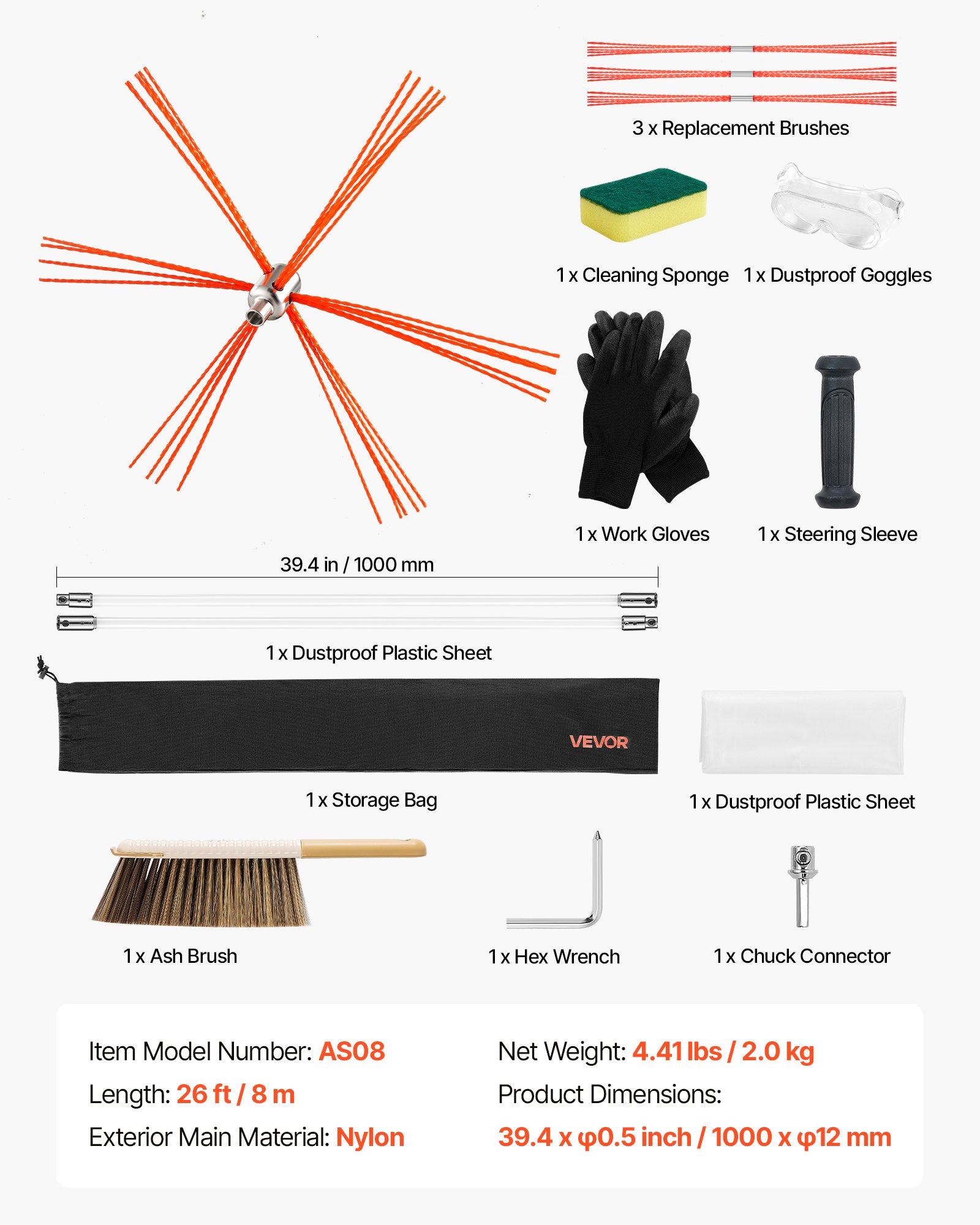 Chimney Sweep Kit 8m Extendable Bristle Replacements Goggles 90° Bendable
