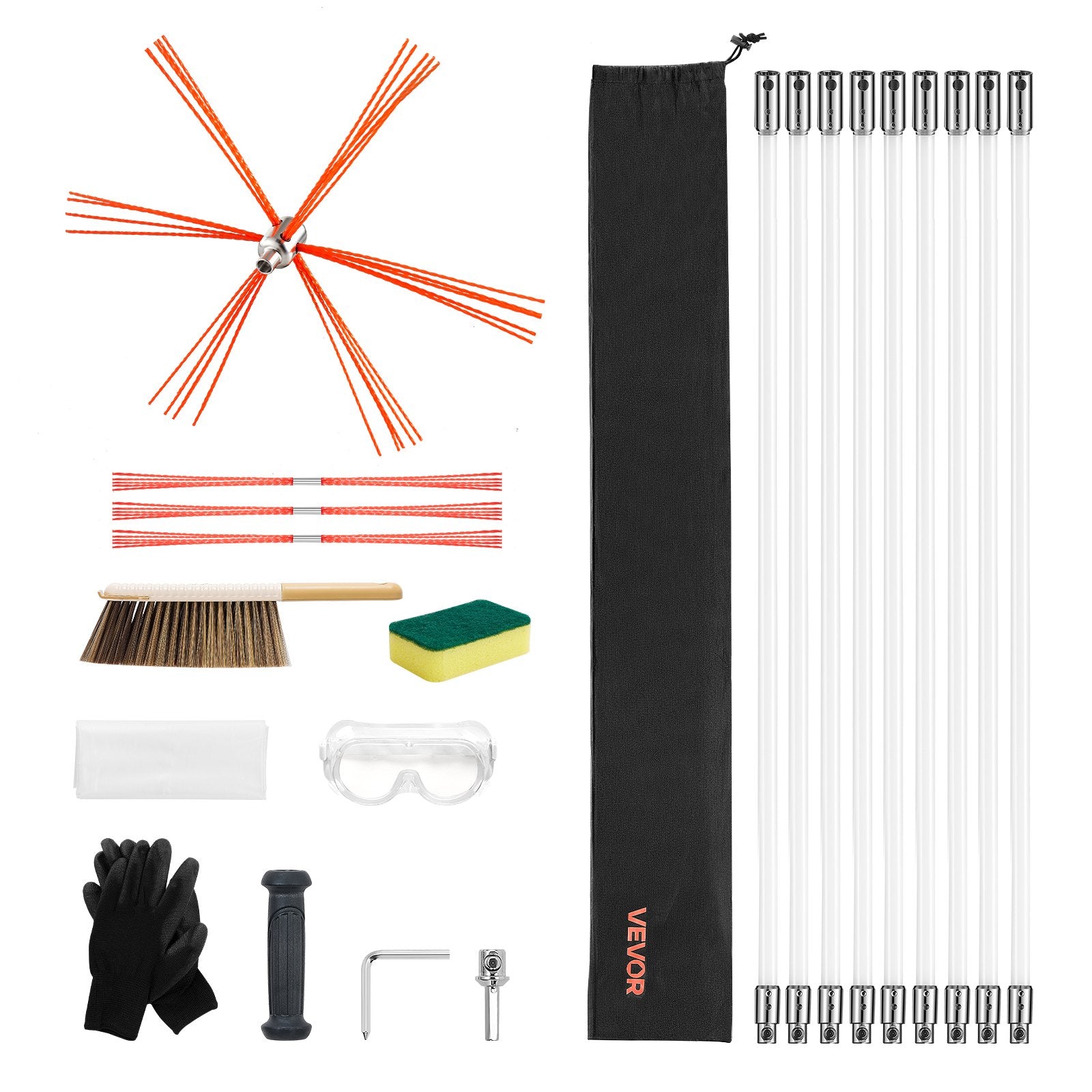 Chimney Sweep Kit 9m Extendable Bristle Replacements Goggles 90° Bendable