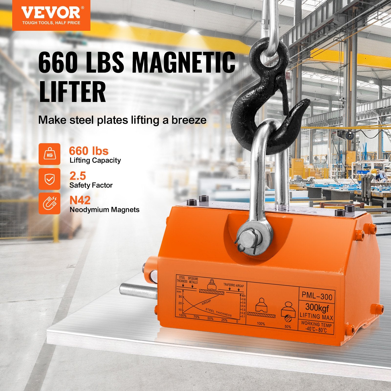 Magnetic Lifter 300KG 2.5 Safety Factor Neodymium Steel Permanent Lift Magnet