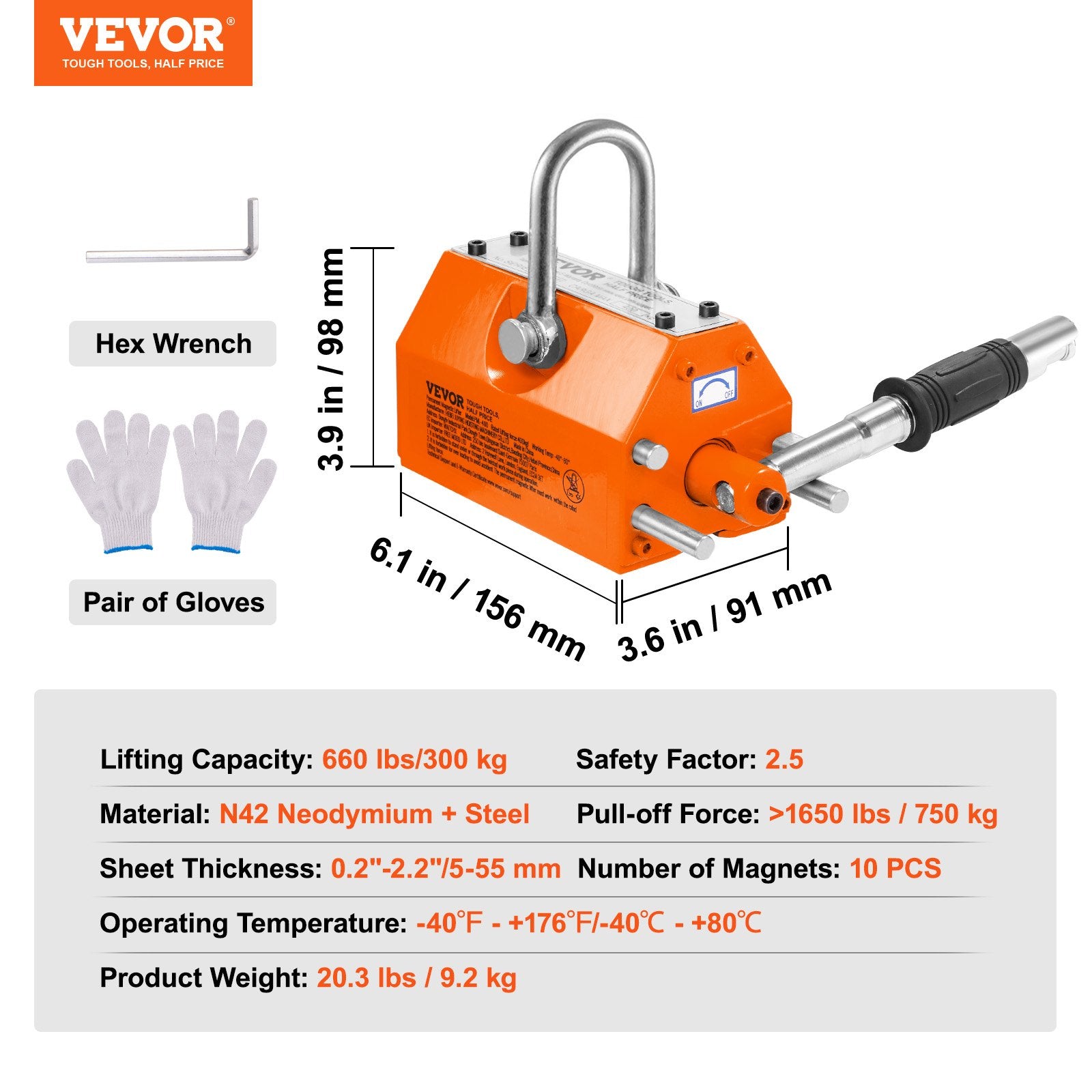 Magnetic Lifter 300KG 2.5 Safety Factor Neodymium Steel Permanent Lift Magnet