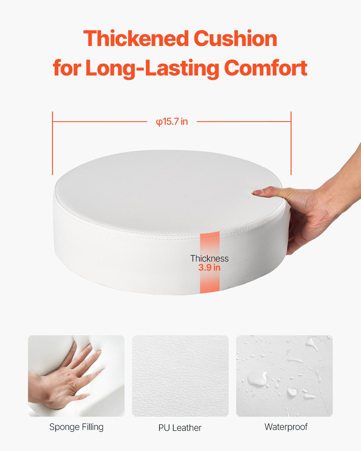 Round Rolling Stool Leather 360° Swivel Height Adjustable Work Stool White