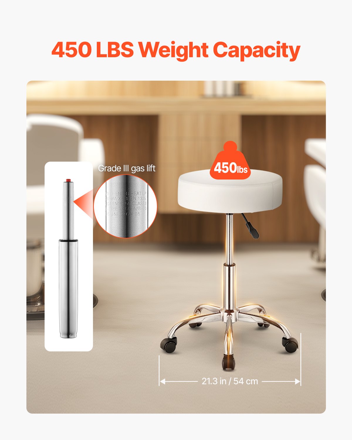 Round Rolling Stool Leather 360° Swivel Height Adjustable Work Stool White