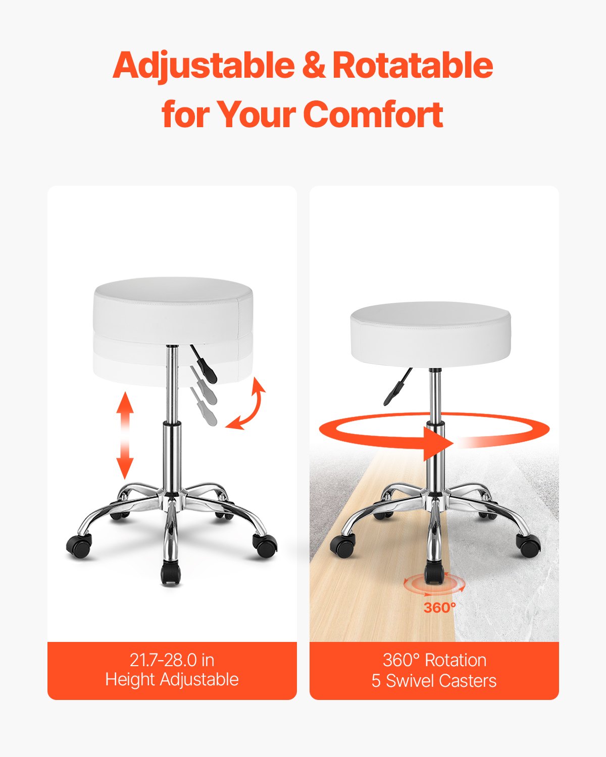 Round Rolling Stool Leather 360° Swivel Height Adjustable Work Stool White