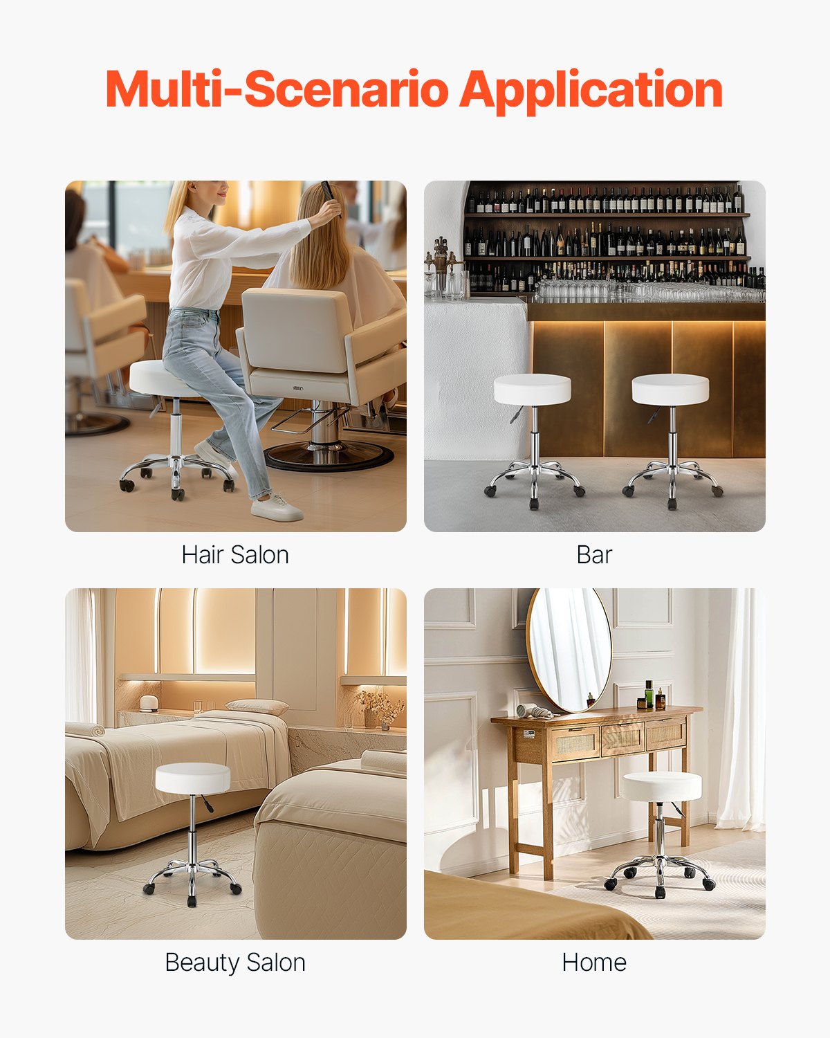 Round Rolling Stool Leather 360° Swivel Height Adjustable Work Stool White