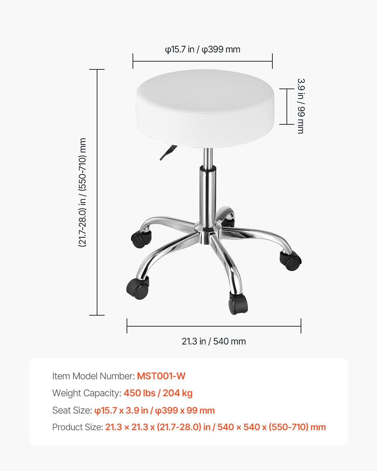 Round Rolling Stool Leather 360° Swivel Height Adjustable Work Stool White