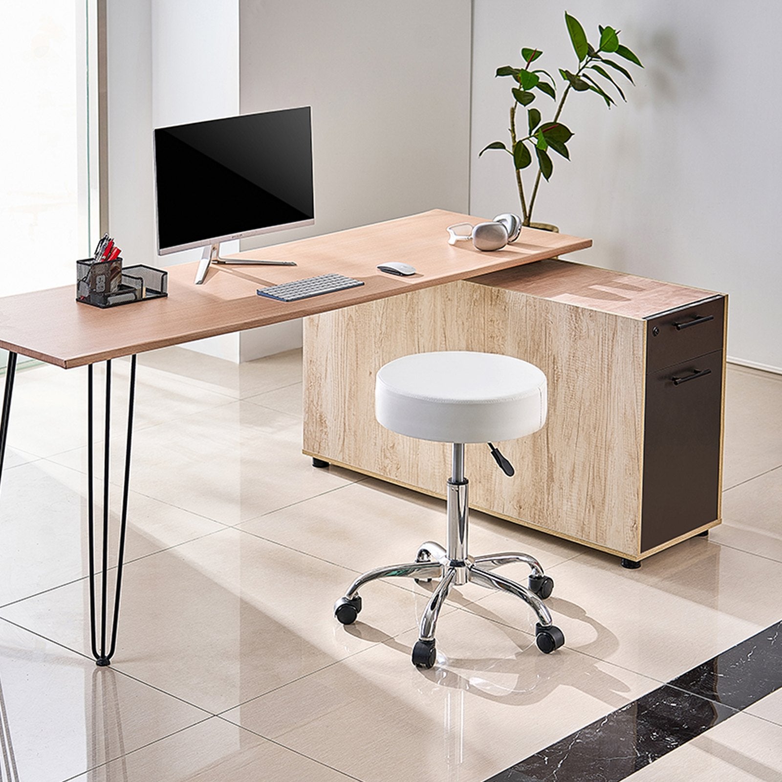 Round Rolling Stool Leather 360° Swivel Height Adjustable Work Stool White