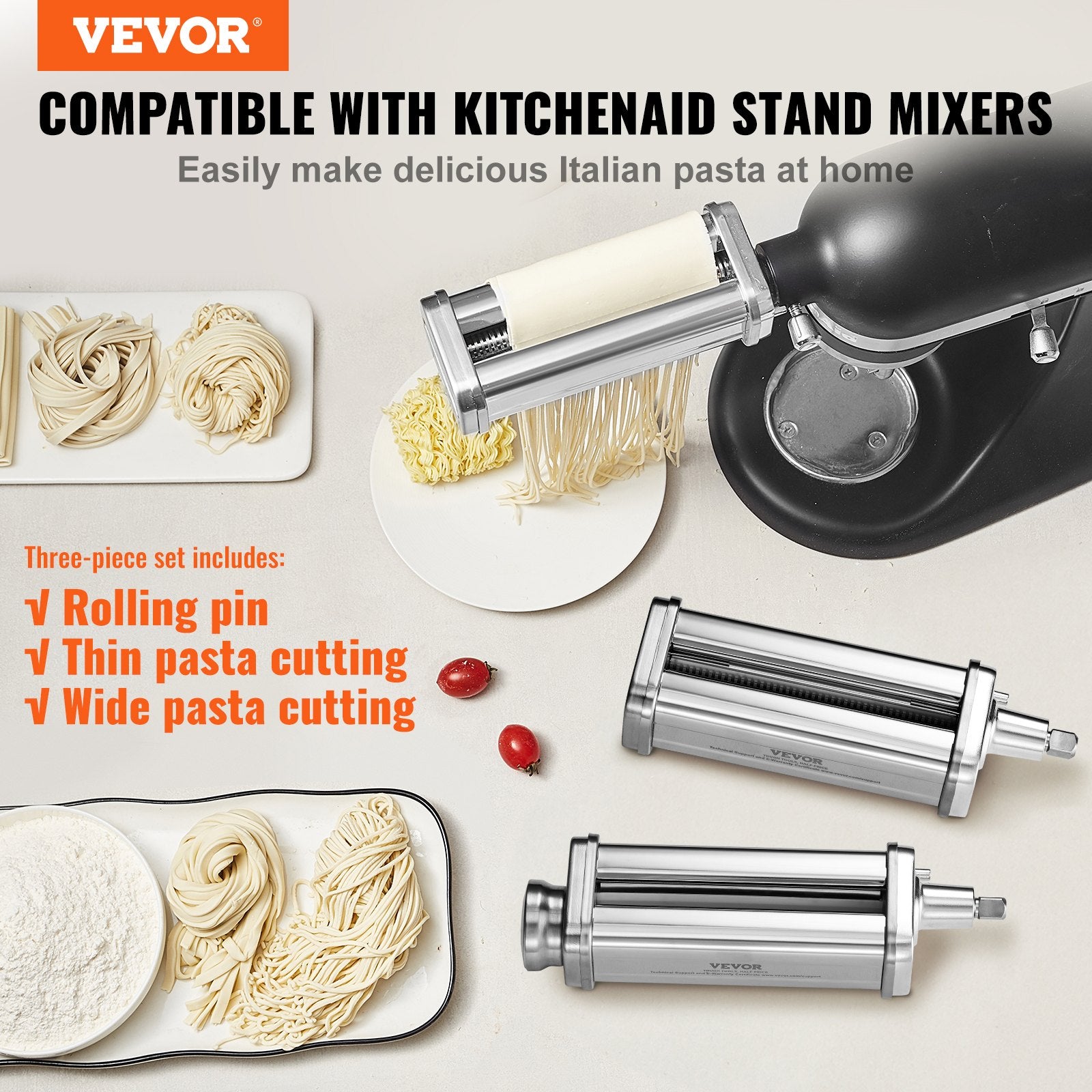 Pasta Attachment for KitchenAid Stand Mixer Stainless Steel Roller Cutter 3PCS