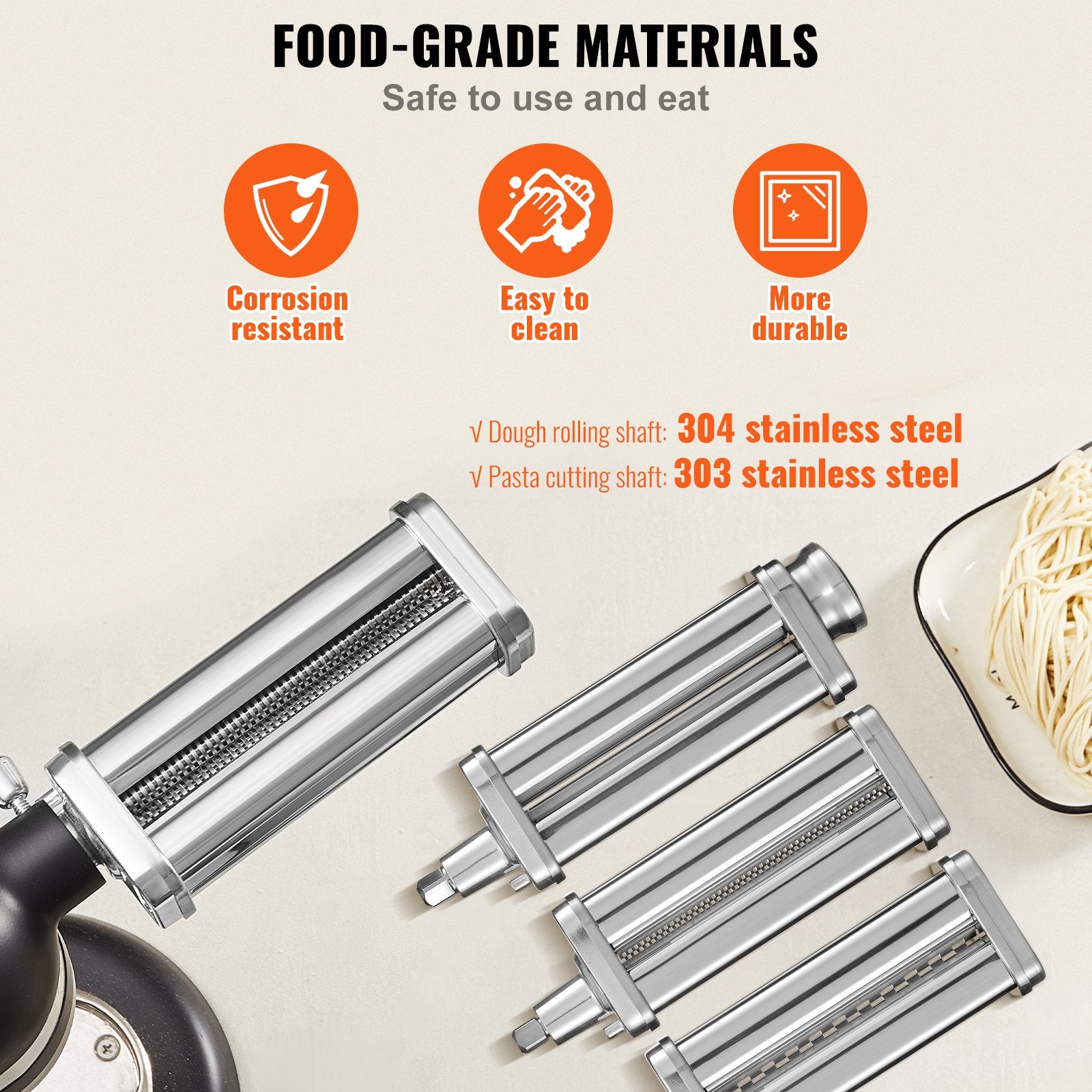 Pasta Attachment for KitchenAid Stand Mixer Stainless Steel Roller Cutter 3PCS