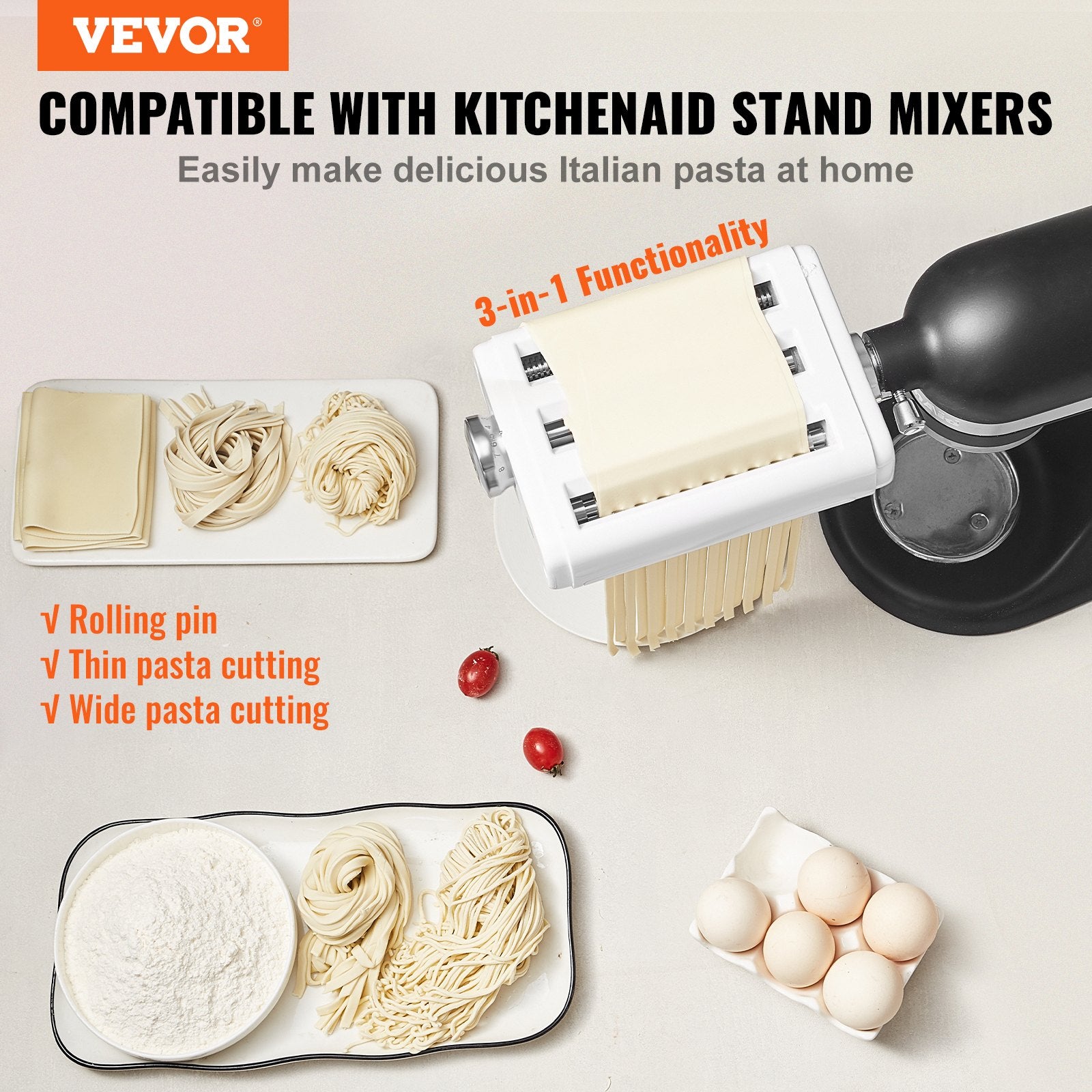 Pasta Attachment for KitchenAid Stand Mixer 3-IN-1 Stainless Steel Roller Cutter
