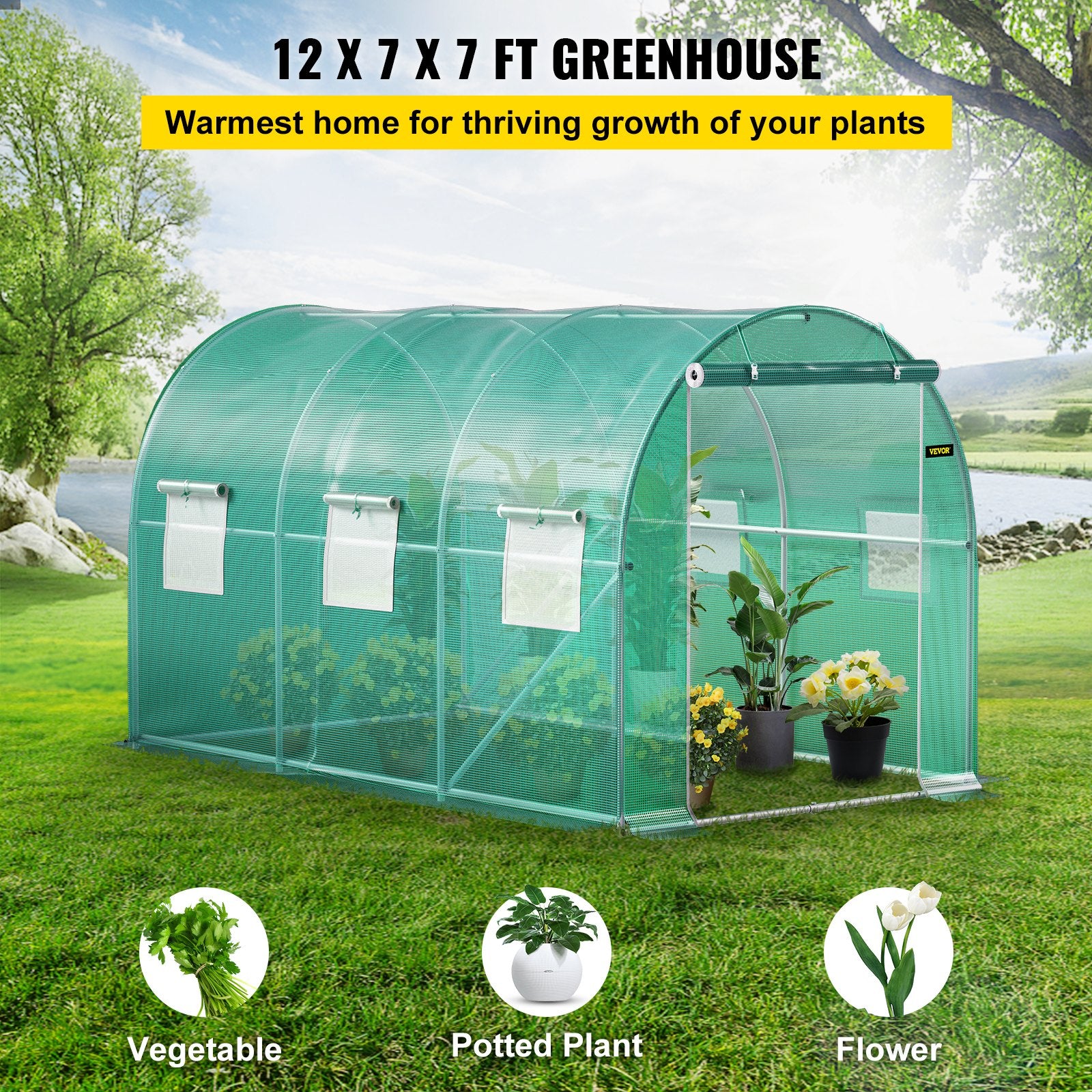 Walk-in Tunnel Greenhouse 12x7x7ft Portable Plant House with Steel Hoops Door